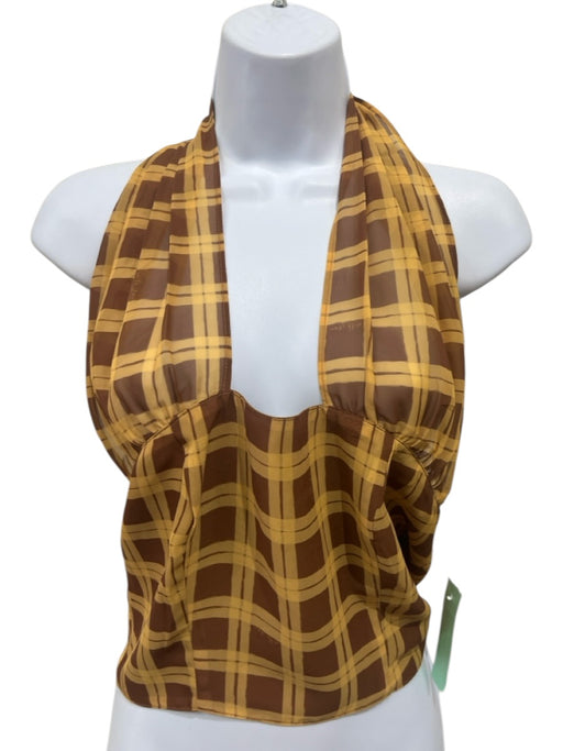 With Jean Size Small Yellow & Brown Polyester Sleeveless Grid Cropped Top Yellow & Brown / Small