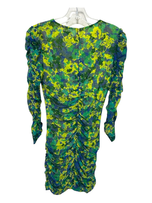 Ganni Size XS / 34 Blue, Green, Yellow Polyester Blend Ruched Long Sleeve Dress Blue, Green, Yellow / XS / 34