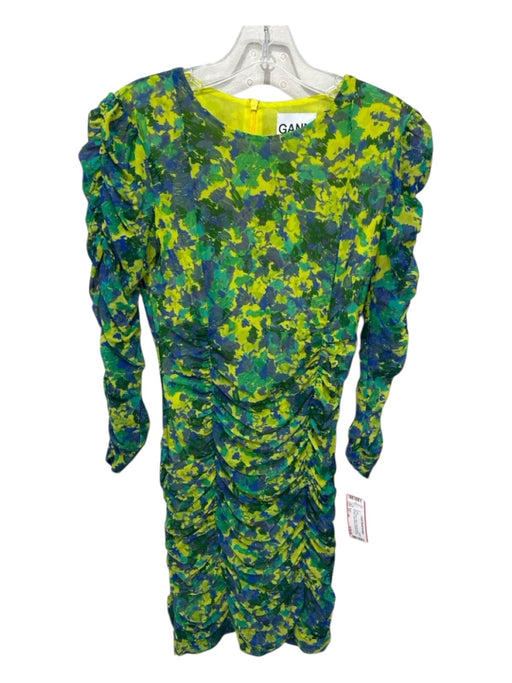 Ganni Size XS / 34 Blue, Green, Yellow Polyester Blend Ruched Long Sleeve Dress Blue, Green, Yellow / XS / 34