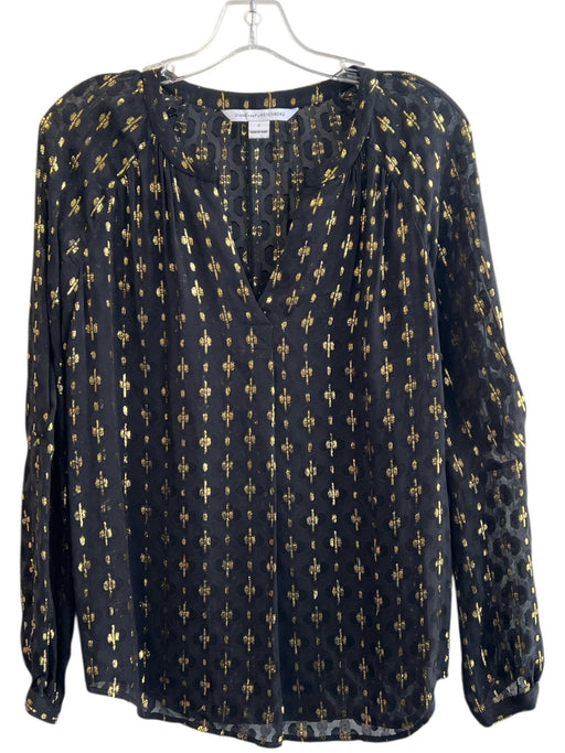 Diane Von Furstenberg Size 2 Black & Gold Silk Blend V Neck Long Sleeve Top Black & Gold / 2