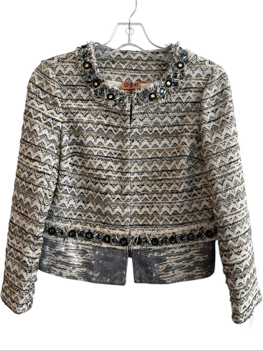 Tory Burch Size 2 Brown & Multi Cotton Blend Tweed Round Neck Hook & Eye Jacket Brown & Multi / 2