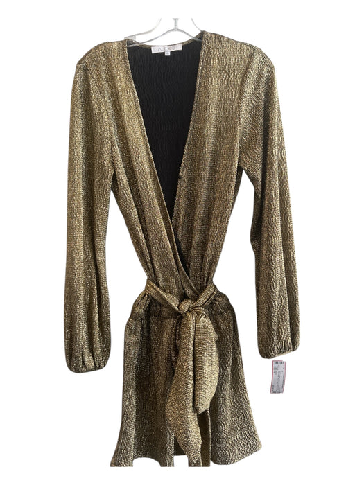Alexis Size S Gold V Neck Long Sleeve Drop Waist Faux Wrap Above Knee Dress Gold / S