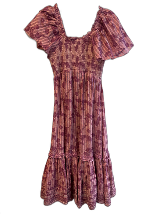 Cleobella Size XS Pink Cotton Puff Sleeves V Neck Scrunched Back Dress Pink / XS