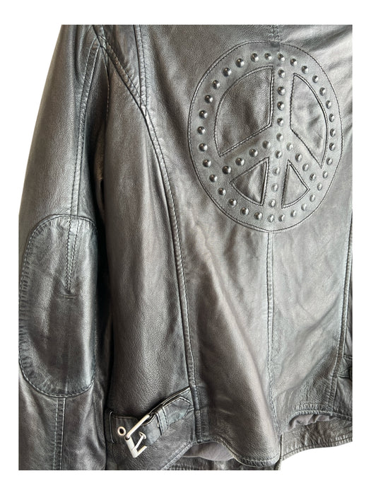 Mauritius Size 6 Black Lamb leather Collared Asymetric Zip Peace Sign Jacket Black / 6