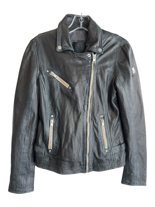 Mauritius Size 6 Black Lamb leather Collared Asymetric Zip Peace Sign Jacket Black / 6