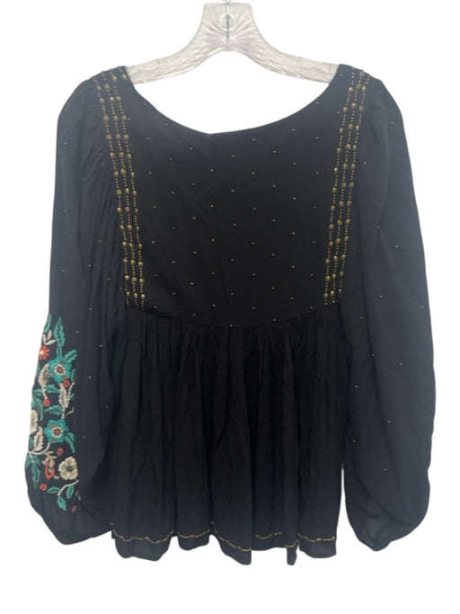 Floreat Size S Black & Blue Rayon embroidered floral Beaded Long Sleeve Top Black & Blue / S