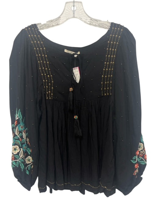 Floreat Size S Black & Blue Rayon embroidered floral Beaded Long Sleeve Top Black & Blue / S