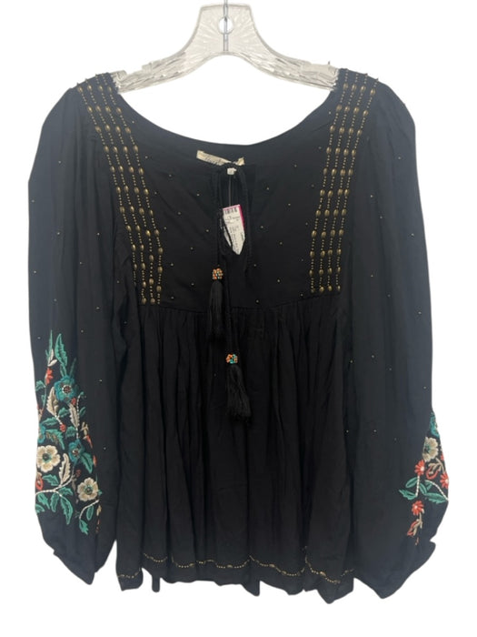 Floreat Size S Black & Blue Rayon embroidered floral Beaded Long Sleeve Top Black & Blue / S