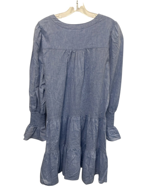 Pomander Place Size L Chambray Blue Cotton V Neck Tiered Long Sleeve Dress Chambray Blue / L