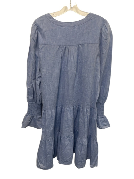 Pomander Place Size L Chambray Blue Cotton V Neck Tiered Long Sleeve Dress Chambray Blue / L