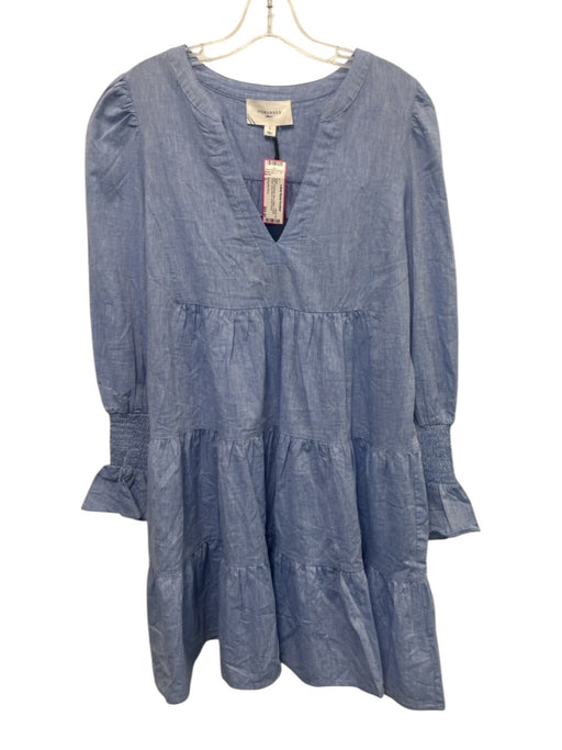 Pomander Place Size L Chambray Blue Cotton V Neck Tiered Long Sleeve Dress Chambray Blue / L