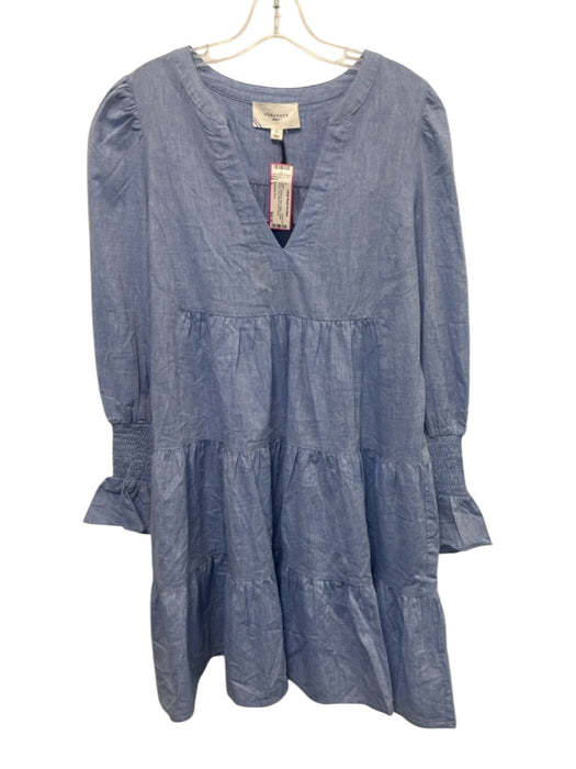 Pomander Place Size L Chambray Blue Cotton V Neck Tiered Long Sleeve Dress Chambray Blue / L