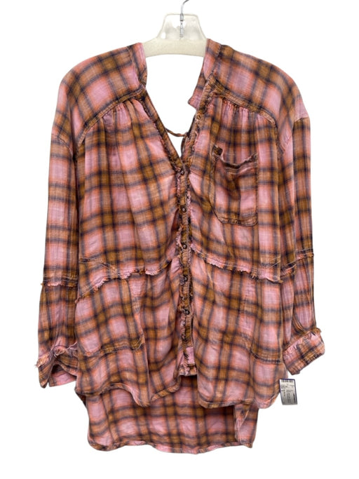 We The Free Size S Pink, Brown, Blue Cotton Raw Edge Plaid Long Sleeve Top Pink, Brown, Blue / S