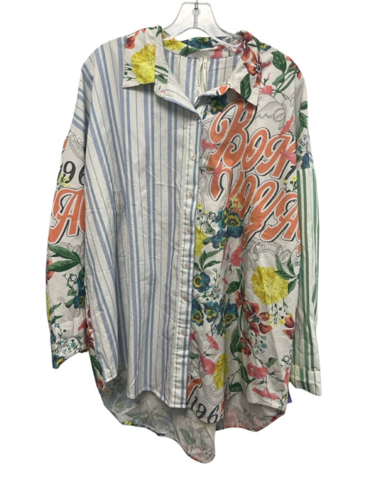 Anthropologie Size M white, orange, multi Cotton Floral & Stripe Print Top white, orange, multi / M