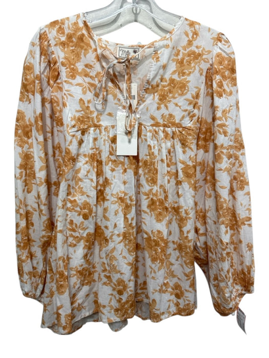 Mille Resort & Travel Size Small Orange & White Cotton Long Balloon Sleeve Top Orange & White / Small