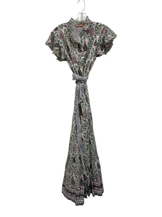 Oliphant Size L White, Green & Purple Cotton Paisley Ruffle Cap Sleeve Dress White, Green & Purple / L