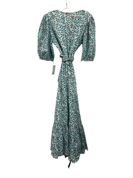 Oliphant Size L White & Teal Cotton Botanical Print Metallic Paint V Neck Dress White & Teal / L