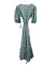 Oliphant Size L White & Teal Cotton Botanical Print Metallic Paint V Neck Dress White & Teal / L