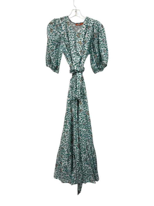Oliphant Size L White & Teal Cotton Botanical Print Metallic Paint V Neck Dress White & Teal / L