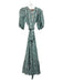 Oliphant Size L White & Teal Cotton Botanical Print Metallic Paint V Neck Dress White & Teal / L
