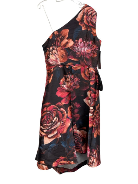 Kay Unger Size 12 Black, Pink & Red Polyester Painted Floral One Shoulder Gown Black, Pink & Red / 12