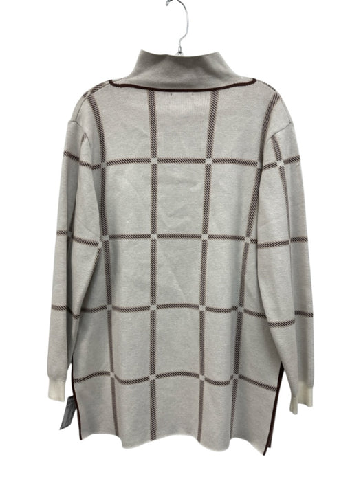 Lysse Size M White & Brown Acrylic Blend Knit Checked Quarter Zip Sweater White & Brown / M