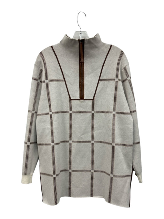 Lysse Size M White & Brown Acrylic Blend Knit Checked Quarter Zip Sweater White & Brown / M