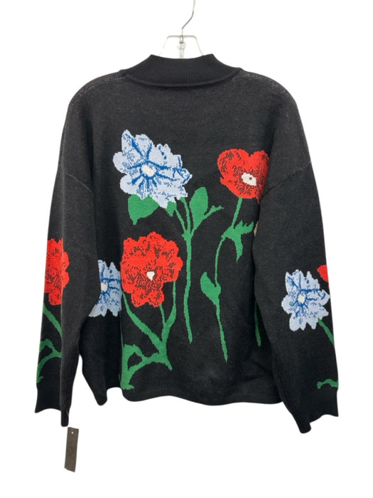 Entro Size L Black & Multi Viscose Blend Knit Floral Mock Neck Pullover Sweater Black & Multi / L
