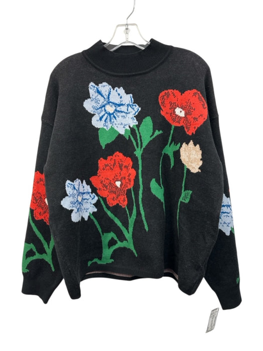 Entro Size L Black & Multi Viscose Blend Knit Floral Mock Neck Pullover Sweater Black & Multi / L