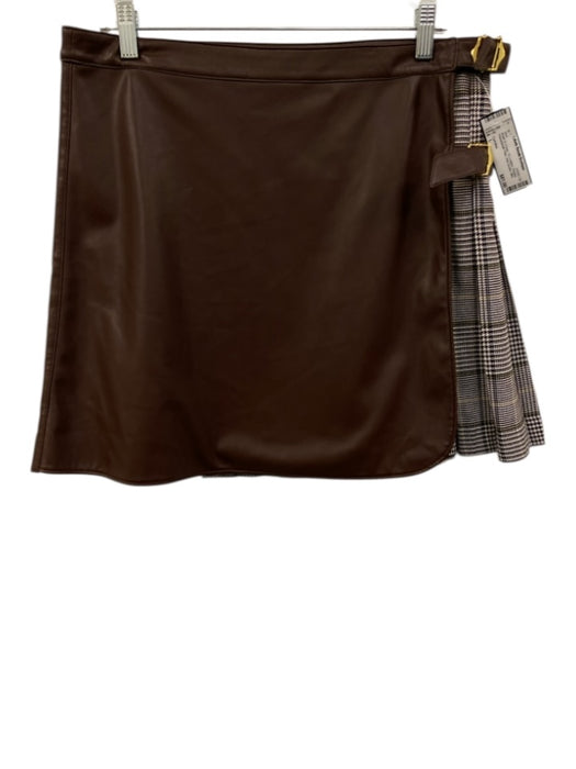 Cartolina Size L Brown & Cream PU Leather Pleated Houndstooth Plaid Mini Skirt Brown & Cream / L