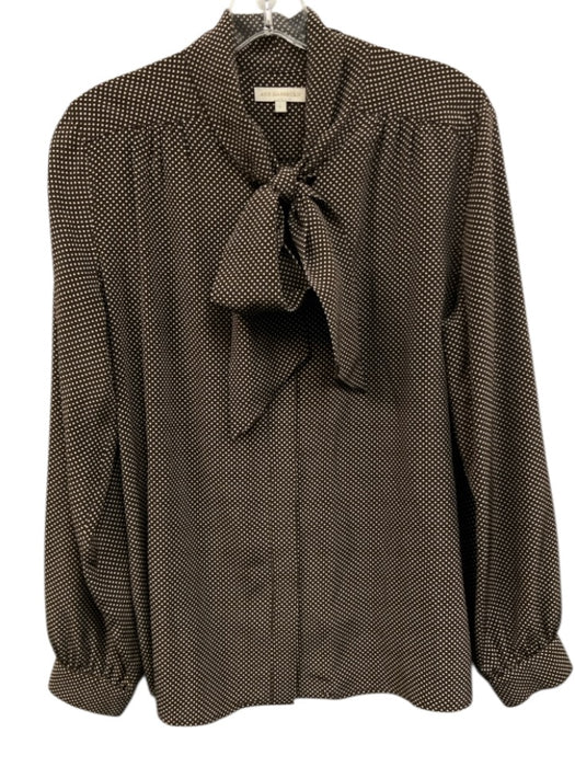 Ann Mashburn Size L Brown & White Silk Tie Neck Polka Dot buttondown Top Brown & White / L