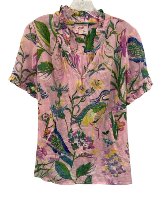 Banjanan Size L Pink, Green, Blue Cotton Semi Sheer Birds & Floral Top Pink, Green, Blue / L