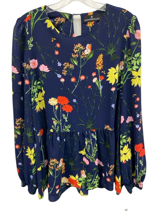 Pomander Place Size L Navy Blue, Green, Multi Polyester Floral Ruffle Hem Top Navy Blue, Green, Multi / L