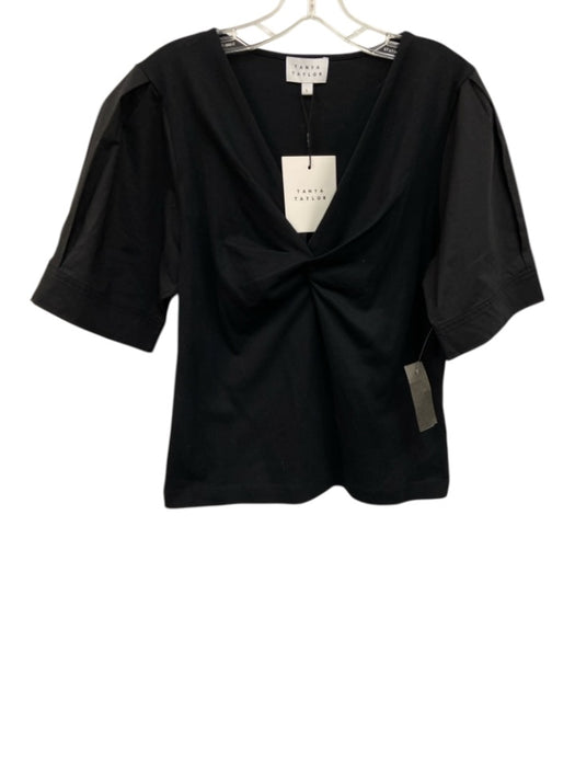Tanya Taylor Size L Black Cotton V Neck Twist Front Short Sleeve Top Black / L