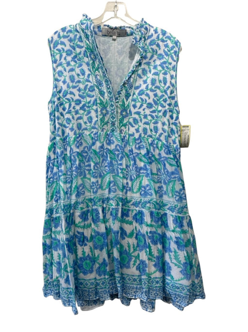 Bella Tu Size L Blue, Green, White Cotton Sleeveless Floral Print Dress Blue, Green, White / L