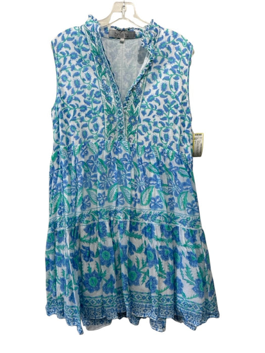 Bella Tu Size L Blue, Green, White Cotton Sleeveless Floral Print Dress Blue, Green, White / L