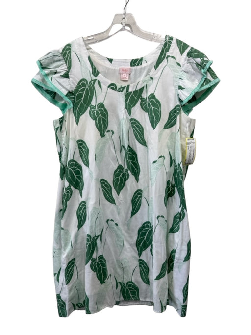 Persifor Size L Green & White Cotton Cap Sleeve Floral Print Fringe Detail Dress Green & White / L