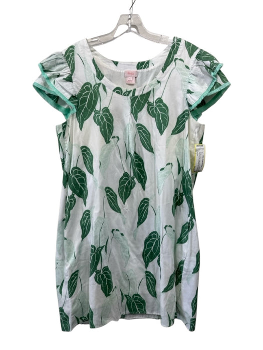 Persifor Size L Green & White Cotton Cap Sleeve Floral Print Fringe Detail Dress Green & White / L