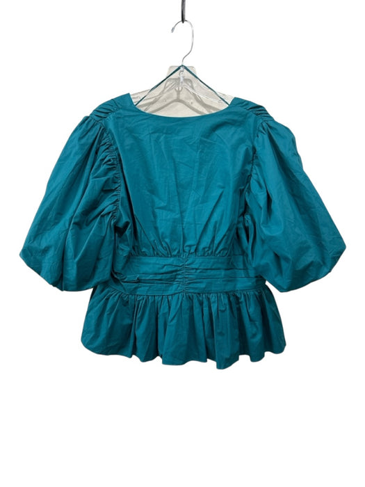 Hyacinth House Size L Teal Green Cotton Short Puff Sleeve V Neck Peplum Top Teal Green / L