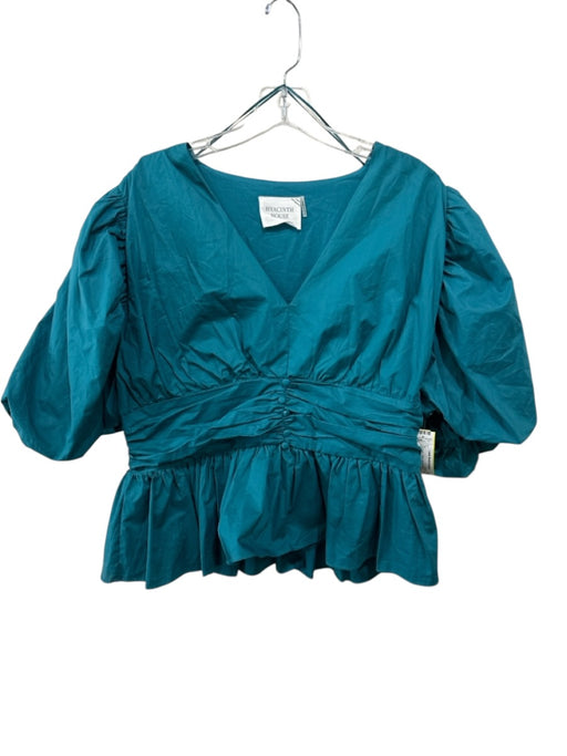 Hyacinth House Size L Teal Green Cotton Short Puff Sleeve V Neck Peplum Top Teal Green / L