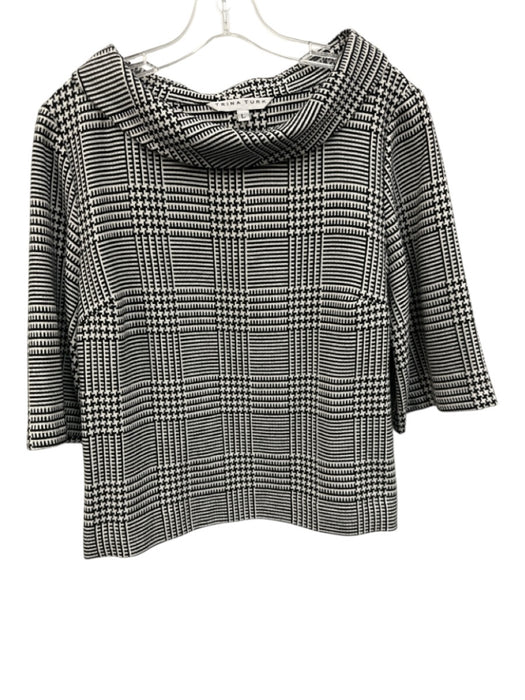 Trina Turk Size L Black & White Polyester Blend Houndstooth Check 1/2 Sleeve Top Black & White / L