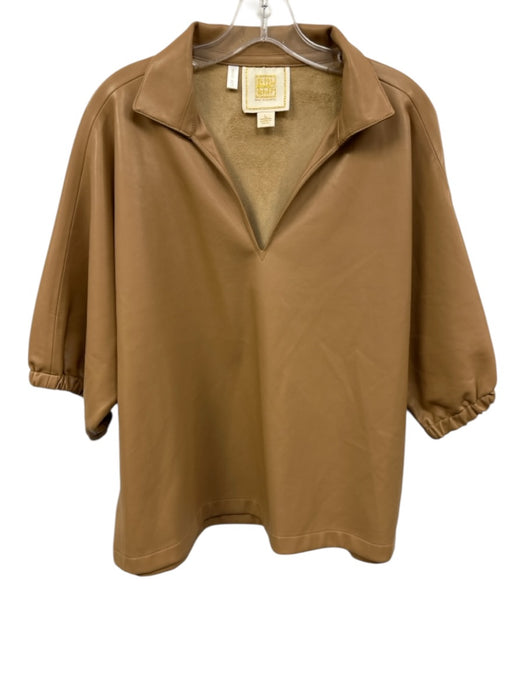 Emily McCarthy Size L Beige PU Leather 1/2 Dolman Sleeve Collared V Neck Top Beige / L
