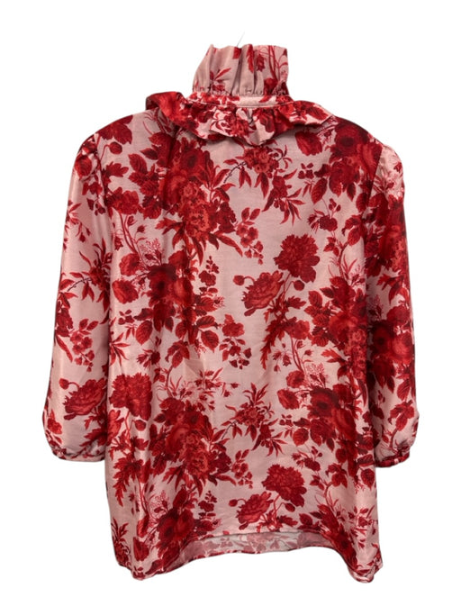 Tuckernuck Size L Pink & Red Polyester Floral 3/4 Balloon Sleeve Ruffle Neck Top Pink & Red / L