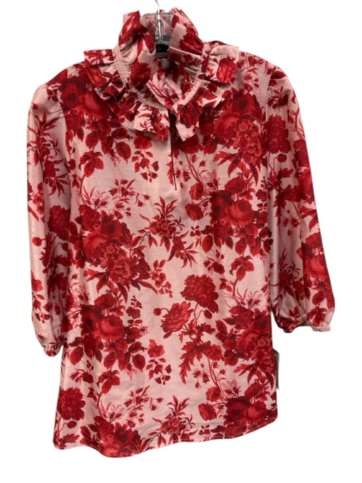 Tuckernuck Size L Pink & Red Polyester Floral 3/4 Balloon Sleeve Ruffle Neck Top Pink & Red / L