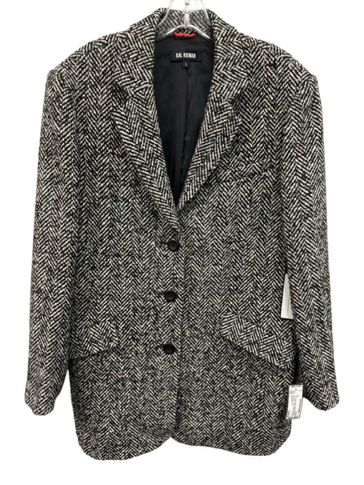 Kal Rieman Size L Black, White & Multi Wool Blend Herringbone Tweed Coat Black, White & Multi / L