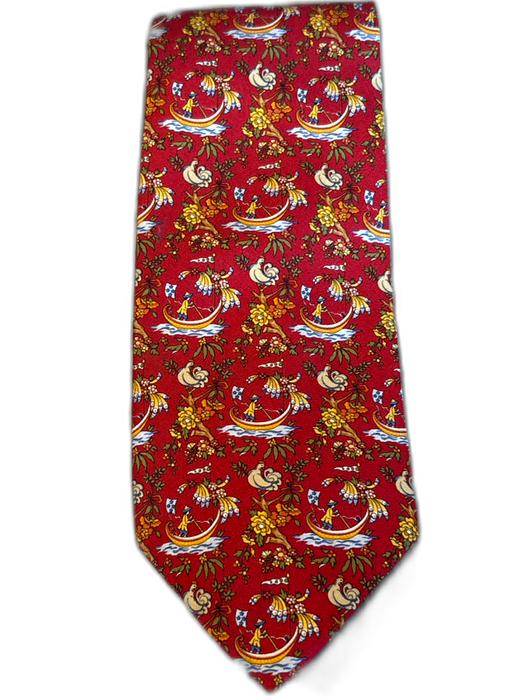Ferragamo Red & Beige Silk Boats Men's Ties Red & Beige