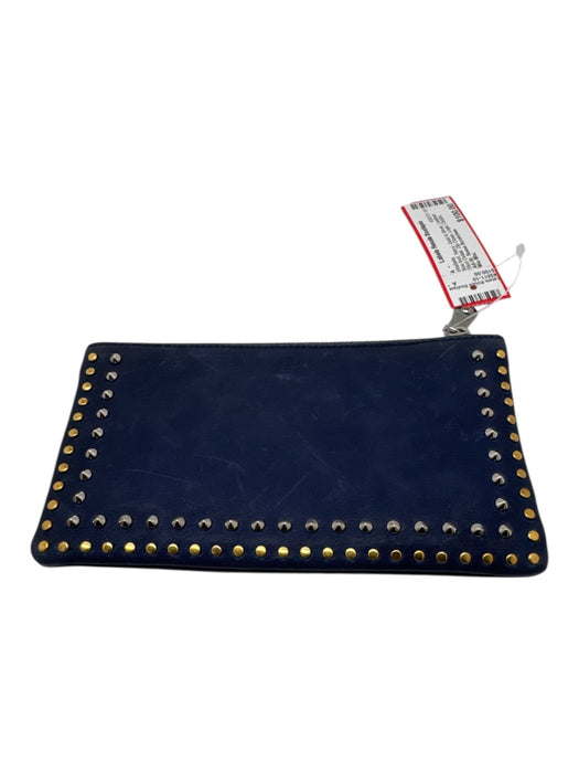 Miu Miu Navy, Gold & Silver Leather Stud Detail Zip Close Logo Clutch Wallets Navy, Gold & Silver