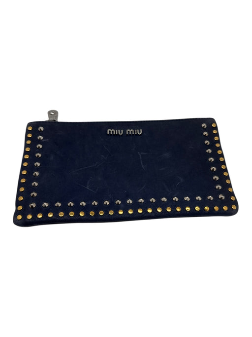 Miu Miu Navy, Gold & Silver Leather Stud Detail Zip Close Logo Clutch Wallets Navy, Gold & Silver