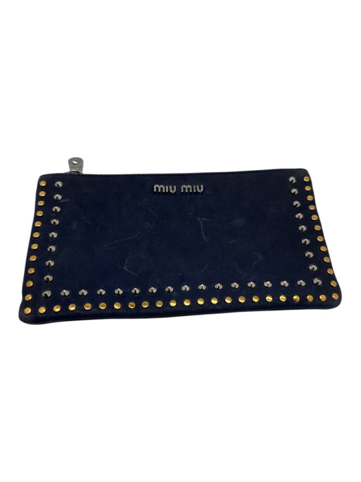 Miu Miu Navy, Gold & Silver Leather Stud Detail Zip Close Logo Clutch Wallets Navy, Gold & Silver