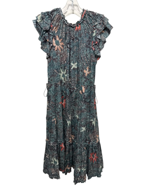 Ulla Johnson Size 4 Teal, Black, Multi Cotton Abstract Floral V Neck Dress Teal, Black, Multi / 4